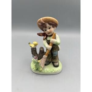 Vintage Bisque Boy Figurine with Bird & Broom Homco Style Japan 4.5”
